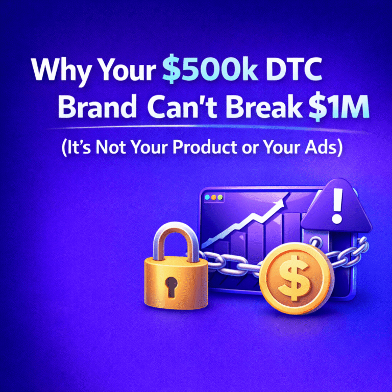 Why Your $500k DTC Brand Can't Break $1M (It's Not Your Product or Your Ads) You're doing everything right. Your product actually works. Your Meta ads are profitable. You've got a solid ROAS. Customers love you. But you've been stuck at $40k-$60k per month for the past 6 months. You keep thinking: "We just need more traffic." Or "We need to launch another product." Or "Maybe we need to go viral on TikTok." None of that is the problem. Here's what's actually stopping you: Your site has invisible revenue leaks that only show up at scale. At $20k/month, these leaks cost you maybe $2k in lost revenue. Annoying, but survivable. At $60k/month, these same leaks are costing you $18k-$25k every single month. That's $216k-$300k per year walking out the door. That's the difference between staying stuck at $500k and hitting $1.2M. I've audited 180+ DTC wellness and skincare brands in the past 3 years. The ones who break through $1M have plugged these 6 specific leaks. The ones stuck under $700k are bleeding revenue and don't even know where. I'm going to show you exactly where you're losing money, how to find the leaks on your site in the next 20 minutes, and what to fix first. The $500k Ceiling (And What Creates It) Something weird happens around $500k annually. Your ads still work. Your ROAS is decent (2.5-3.5x). You're not losing money. But you can't scale past $60k/month without ROAS tanking. You try spending more on ads. ROAS drops to 1.8x. Not profitable anymore. You pull back. Revenue drops to $45k. You're stuck in this $40k-$65k range and it's been 6-9 months. Here's what's happening: At $20k/month, most of your customers came from warm sources. Instagram followers who've seen you for months. Friends of customers. Small influencer audiences who already trust you. These people convert at 4-6% because they're pre-sold before they hit your site. At $60k/month, 70% of your traffic is cold. People who saw your ad once and clicked. They don't know you. They don't trust you yet. They convert at 0.8-1.5%. Your site isn't built to convert strangers. It's built to convert people who already like you. That's the ceiling. Breaking through requires fixing the 6 revenue leaks that only matter when you're trying to convert cold traffic at scale. The 6 Revenue Leaks Costing You $18k-$25k Per Month Every brand stuck under $1M has at least 4 of these leaks. Leak #1: Your product pages don't answer the first question (75% bounce in under 10 seconds) Leak #2: Your add-to-cart rate is under 8% (should be 12-18%) Leak #3: Your cart abandonment is over 70% (should be under 60%) Leak #4: Your checkout abandonment is 65%+ (should be under 50%) Leak #5: Your repeat purchase rate is under 25% (should be 35-50%) Leak #6: You have no measurable win-back system (losing 40% of recoverable revenue) Let's diagnose each one and I'll show you how to find it on your site right now. Leak #1: Your Product Pages Don't Answer the First Question The Problem Someone lands on your product page from a Meta ad. They have one question in their head: "Is this for me?" Your page doesn't answer it in the first 10 seconds. They bounce. 75% of your product page traffic never scrolls past the first screen. What This Costs You If 1,000 people land on your product page and 75% bounce immediately, you're left with 250 people. If those 250 convert at 5%, that's 12 sales. If you answered their question immediately and only 40% bounced, you'd have 600 people. At 5% conversion, that's 30 sales. You just lost 18 sales (60% of potential revenue) from that traffic. At $60 AOV, that's $1,080 lost from 1,000 visitors. Scale that across 15,000 monthly product page visitors. You're losing $16,200 per month from this leak alone. How to Diagnose This on Your Site Open Google Analytics (or Shopify Analytics). Go to Behavior → Site Content → All Pages. Find your top 3 product pages. Check the bounce rate and average time on page. Red flags: Bounce rate over 65% Average time on page under 25 seconds Low scroll depth (if you have that data) What the First Question Actually Is It's not "what's in this?" It's not "how much does it cost?" It's: "Will this solve my specific problem?" Your page needs to answer that in the first visible section (above the fold on mobile). What Good Looks Like Bad product page (high bounce): Headline: "Organic Magnesium Glycinate 400mg" Subheadline: "Highly bioavailable chelated magnesium supplement" Image: Product bottle on white background Good product page (low bounce): Headline: "Fall Asleep in 20 Minutes Without Waking at 3am" Subheadline: "For anxious minds that won't shut off at night" Image: Customer in bed, relaxed, with product on nightstand The good version answers "is this for me?" in 3 seconds. How to Fix This in 30 Minutes Rewrite your top 3 product page headlines using this formula: "[Specific Outcome] in [Timeline] for [Exact Person with Exact Problem]" Examples for wellness: "All-day energy without the 3pm crash for busy moms running on 5 hours of sleep" "Clear skin in 28 days for hormonal breakouts that show up right before your period" "Deep sleep through the night for people who wake up anxious at 2am" "Joint pain relief in 14 days for runners over 40" Replace your product-only hero image with a customer using the product or showing the outcome. Test this for 2 weeks. Your bounce rate should drop 15-25 percentage points. Leak #2: Your Add-to-Cart Rate Is Under 8% The Problem People are landing on your product pages. They're scrolling. They're reading. But only 6-8% add to cart. That means 92-94% of people who were interested enough to visit are leaving without taking action. What This Costs You If 10,000 people visit your product pages monthly and 7% add to cart, you get 700 carts. If you fixed this leak and got to 14% add-to-cart, you'd have 1,400 carts. That's double the carts from the same traffic. Even if only 30% of those carts convert (checkout conversion rate), you just went from 210 orders to 420 orders. At $60 AOV, that's $25,200 to $50,400. You just doubled revenue from the same traffic by fixing one leak. How to Diagnose This on Your Site Shopify Analytics → Reports → Sales by Product Variant Or Google Analytics → Ecommerce → Product Performance Look at product detail views vs. add-to-cart actions. Divide add-to-cart by product views. What good looks like: 12-18% add-to-cart rate = healthy 8-11% = room for improvement Under 8% = major leak Why People Don't Add to Cart They have unanswered questions: "How long until I see results?" "What if it doesn't work for me?" "Is this safe with my medications?" "How do I know this isn't like the 5 other supplements that didn't work?" "What if I react badly?" Your product page needs to answer all of these before they scroll to the bottom. What's Missing from Your Product Page Most pages have: Ingredients list, benefits bullets, "Add to Cart" button High-converting pages also have: Timeline expectations ("Most people see results in 2-3 weeks, peak results at 8 weeks") Risk reversal ("60-day money-back guarantee, even if you finish the bottle") Objection handling ("Safe for daily use, third-party tested, no interactions with common medications") Proof ("12,400+ customers, 4.8 stars from 2,100+ reviews") Real customer photos showing before/after or usage How to Fix This Today Add 4 elements to your product pages: 1. Timeline section (above the fold): "What to expect: Week 1-2: [initial effects]. Week 4-6: [building results]. Week 8+: [peak results]" 2. Guarantee reminder (near Add to Cart): "Try for 60 days. If it doesn't work, full refund. Even if the bottle's empty." 3. FAQ section (below product details): Answer the top 5 questions that prevent purchase. Include: How long until results? Side effects? Safe with X? How to take? What if it doesn't work? 4. Customer photo gallery (mid-page): 6-8 real customer photos with their results and timelines This typically lifts add-to-cart rate by 3-7 percentage points within 2 weeks. Leak #3: Your Cart Abandonment Is Over 70% The Problem People add to cart. Then they leave. Your cart abandonment rate is 72-78%. Industry average is 70%. But high-performing DTC wellness brands are at 55-65%. That gap is costing you thousands every month. What This Costs You If 1,000 people add to cart and 75% abandon, you're left with 250 who start checkout. If you reduced abandonment to 60%, you'd have 400 starting checkout. If 40% of those complete purchase, that's 100 orders vs. 160 orders. At $60 AOV, that's $6,000 vs. $9,600. You just lost $3,600 from 1,000 carts. Scale that to 5,000 monthly carts. You're losing $18,000/month to cart abandonment. How to Diagnose This on Your Site Shopify Analytics → Reports → Behavior → Checkout Look at "Sessions that reached cart" vs "Sessions that reached checkout." The difference is your cart abandonment rate. What good looks like: Under 60% = excellent 60-68% = good Over 70% = major leak Why People Abandon Cart Reason #1: They see shipping cost for the first time (48% of abandonment) Reason #2: They're comparison shopping (not ready to buy, just researching) Reason #3: They got distracted (especially on mobile) Reason #4: They're waiting for a discount code Reason #5: The cart total is higher than they expected You can fix #1, #3, #4, and #5 immediately. What High-Performing Brands Do Differently They show the full cost before cart: Free shipping threshold visible on product page ("Free shipping on orders over $75") Shipping cost estimate on product page (if no free threshold) Progress bar in cart showing how close to free shipping No surprise fees at checkout They reduce cart friction: Cart drawer (no separate cart page that requires navigation) Edit quantities in cart without going back to product page Apply discount code in cart (not just at checkout) Save cart for later / wishlist option One-click checkout options (Shop Pay, Apple Pay) in cart drawer They send cart abandonment reminders: Email 1: 4 hours after abandonment (reminder + social proof) Email 2: 24 hours after (answer objections + limited-time offer) Email 3: 72 hours after (last chance + different angle) How to Fix This This Week Day 1: Add free shipping threshold to all product pages If you can't offer free shipping, show shipping estimate: "Shipping calculated at checkout (usually $6-$9 for US)" Day 2: Enable Shop Pay and Apple Pay in cart Shopify Settings → Payments → Enable dynamic checkout buttons Day 3: Set up cart abandonment flow (if you don't have one) 3 emails over 72 hours. Include: product image, specific benefits, social proof, time-limited offer (10-15% off) Day 4: Add progress bar to cart "You're $23 away from free shipping!" or "Add one more item to get free shipping" This combination typically drops cart abandonment by 10-15 percentage points. Leak #4: Your Checkout Abandonment Is 65%+ The Problem They made it to checkout. They're entering their info. Then 65-70% of them abandon before completing purchase. You got them 90% of the way there. Then lost them. What This Costs You If 1,000 people start checkout and 65% abandon, you get 350 orders. If you reduced checkout abandonment to 45%, you'd get 550 orders. That's 200 more orders from the same traffic. At $60 AOV, that's $12,000 more revenue from the same 1,000 checkout starts. Over a month with 5,000 checkout starts, you're losing $60,000 to checkout abandonment. How to Diagnose This on Your Site Shopify Analytics → Reports → Checkout Behavior Look at "Reached checkout" vs "Sessions converted." The difference is checkout abandonment. What good looks like: 40-50% = excellent 50-60% = good Over 65% = major leak Why People Abandon at Checkout On mobile (70% of traffic): Too many form fields (takes 90+ seconds to complete) Buttons too small to tap accurately Text too small to read (triggers zoom, breaks layout) No express checkout option Can't see total cost without scrolling On desktop and mobile: Unexpected shipping cost appearing at final step No trust signals (security badges, guarantee reminder) Checkout looks sketchy or unprofessional Required fields they don't want to give (phone number) Payment options limited What High-Performing Brands Do They optimize checkout for mobile speed: 9 fields maximum (email, name, address, payment) Phone number optional Company field removed Billing address same as shipping by default Large buttons (48px minimum height for mobile) Autofill enabled Express checkout (Shop Pay, Apple Pay, Google Pay) prominent They add trust signals at the decision point: Security badge above payment section Money-back guarantee reminder below total "Join 15,000+ happy customers" near checkout button Accepted payment icons clearly visible They remove last-second doubt: Free returns policy linked in footer Customer service contact visible Estimated delivery date shown Order summary always visible on mobile How to Fix This in One Day Morning (2 hours): Enable Shop Pay, Apple Pay, Google Pay Make phone number optional Turn on "use shipping address for billing" Remove company field Add security badge above payment section Afternoon (2 hours): Test entire checkout on iPhone SE (smallest common screen) Increase button sizes if needed (48px minimum) Ensure no horizontal scrolling required Add guarantee reminder below order total Add "Secure checkout - SSL encrypted" near payment fields Test before launching: Complete a test order on your phone using only your thumb Time it. Should be under 60 seconds from checkout start to confirmation. This typically reduces checkout abandonment by 15-20 percentage points. Leak #5: Your Repeat Purchase Rate Is Under 25% The Problem You're spending $45-$65 to acquire a customer through Meta ads. They buy once for $60. Then they never come back. Your repeat purchase rate is 18-22% at 90 days. You're breaking even (at best) on first purchase. You're making no profit on 78% of customers. You can't scale profitably because your LTV is too low. What This Costs You If you acquire 1,000 customers at $50 CAC and they buy once for $60 AOV: Revenue: $60,000 CAC: $50,000 Profit (at 30% margin): $18,000 - $50,000 = -$32,000 loss If 35% bought again (average $55 second order): First order revenue: $60,000 Second order revenue: $19,250 (350 customers × $55) Total revenue: $79,250 CAC: $50,000 Profit (at 30% margin): $23,775 - $50,000 = -$26,225 loss Still losing money? Let's go further. If 45% bought again, and 20% bought a third time: First order: $60,000 Second order: $24,750 (450 × $55) Third order: $5,500 (100 × $55) Total revenue: $90,250 CAC: $50,000 Profit (at 30% margin): $27,075 - $50,000 = -$22,925 loss Wait, still losing? This is why you need subscription or higher AOV or lower CAC. But increasing repeat rate from 18% to 45% dramatically improves your unit economics and gives you room to scale. How to Diagnose This on Your Site Shopify Analytics → Reports → Customers → Returning customer rate Look at customers acquired 90+ days ago. What percentage have purchased 2+ times? What good looks like: 40-50% repeat rate at 90 days = excellent 30-40% = good Under 25% = major leak Why Customers Don't Come Back They forgot about you (no post-purchase communication) They don't know when to reorder (no replenishment reminders) They didn't see results (wrong expectations or usage) They don't know what to buy next (no education on product stacking) They found a competitor (you didn't build loyalty) What High-Performing Brands Do They have an automated post-purchase journey: Week 1: How to use the product for best results Week 2: What to expect (timeline education) Week 3: Early check-in (build engagement) Week 4: Educational content (build authority) Week 6: Replenishment reminder (for consumables) Week 8: Product stacking education (what works well together) Week 10: Reorder incentive (15% off second purchase) Week 12: Win-back if they haven't bought (different angle) They segment customers: One-time buyers get reorder incentives Two-time buyers get VIP treatment High-value customers get early access to new products Engaged subscribers get loyalty rewards How to Fix This Over Two Weeks Week 1: Set up foundational emails Day 1: Post-purchase "How to Use" email (automated, sends 3 days after delivery) Day 2: Week 2 check-in email (automated, sends 14 days after purchase) Day 3: Replenishment email (automated, sends at 60-70% of product duration) Week 2: Set up retention flows Day 1: Browse abandonment flow (2 emails for people who viewed products but didn't buy) Day 2: Second purchase incentive (automated, sends 45 days after first purchase if they haven't reordered) Day 3: Win-back flow (automated, sends at 90 days if they haven't purchased again) This combination typically lifts 90-day repeat rate by 8-15 percentage points. Leak #6: You Have No Measurable Win-Back System The Problem You've acquired 5,000 customers over the past 2 years. 3,200 of them (64%) haven't purchased in 90+ days. You're doing nothing to bring them back. That's 3,200 people who already know you, already trusted you enough to buy once, and you're ignoring them. What This Costs You If you win back just 10% of lapsed customers: 320 customers × $55 average order = $17,600 If you win back 20%: 640 customers × $55 = $35,200 If you win back 30% (achievable with good win-back campaigns): 960 customers × $55 = $52,800 You're leaving $35,000-$50,000 per year on the table by not having a win-back system. How to Diagnose This on Your Site Shopify → Customers → Export Filter for customers who purchased 90-365 days ago but haven't purchased since. Count them. Now ask yourself: What are you doing to bring them back? Red flags: You don't have a list of lapsed customers You've never sent them a targeted campaign You don't have an automated win-back flow You don't know your win-back rate Why Customers Lapse They didn't get the results they expected Life got busy and they forgot about you They ran out and meant to reorder but didn't They found a competitor Price sensitivity (they're waiting for a sale) The product worked and they think they're "done" What High-Performing Brands Do They have automated win-back flows: 90 days after last purchase: Email 1: "We miss you" + remind them why they bought originally 100 days: Email 2: "Here's what's new" + show product improvements or new launches 110 days: Email 3: "Come back offer" + 20% off (aggressive win-back offer) They run quarterly win-back campaigns: Segment: Customers who bought 6-12 months ago Subject: "It's been a while..." or "Are we breaking up?" Offer: 25-30% off (higher than normal because LTV is $0 if they don't come back) Angle: New products, reformulations, fresh start, seasonal relevance They use SMS for high-value lapsed customers: Customers who spent $150+ but haven't purchased in 120 days "Hey [name], we noticed you haven't ordered in a while. Everything okay? Here's 25% off your next order - [link]" Response rate is 8-12%, conversion rate on responders is 30-40% How to Fix This This Month Week 1: Build your segments Export customers who last purchased 90-180 days ago (segment 1: recent lapse) Export customers who last purchased 181-365 days ago (segment 2: long lapse) Export customers who purchased 2+ times but haven't ordered in 90+ days (segment 3: VIP lapse) Week 2: Set up automated win-back flow Email 1 (day 90): "We miss you" + value reminder Email 2 (day 100): Educational content + soft reactivation Email 3 (day 110): 20% off + urgency (7-day expiration) Week 3: Create manual win-back campaign Target: Segment 2 (long lapse 181-365 days) Subject: "Are we breaking up? Here's 30% off to say sorry" Body: Acknowledge the gap, show what's new, make an aggressive offer Send on Wednesday at 10am Week 4: Measure and refine Track open rates (aim for 25%+) Track click rates (aim for 4%+) Track conversion rate (aim for 3-8% depending on segment) Calculate revenue generated Expected result: 15-25% of your lapsed customer base reactivates over 90 days, generating $15k-$40k in recovered revenue depending on your customer base size. How to Find Your Biggest Leak in 20 Minutes Open a spreadsheet. Score yourself on each leak. Leak #1: Product Page Bounce Rate Check Analytics. Product page bounce rate under 55% = 10 points. 55-70% = 5 points. Over 70% = 0 points. Leak #2: Add-to-Cart Rate Product views vs add-to-cart. 12%+ = 10 points. 8-12% = 5 points. Under 8% = 0 points. Leak #3: Cart Abandonment Sessions that reached cart vs checkout. Under 60% = 10 points. 60-70% = 5 points. Over 70% = 0 points. Leak #4: Checkout Abandonment Checkout starts vs completed orders. Under 50% = 10 points. 50-65% = 5 points. Over 65% = 0 points. Leak #5: Repeat Purchase Rate 90-day repeat rate. 35%+ = 10 points. 25-35% = 5 points. Under 25% = 0 points. Leak #6: Win-Back System Do you have an automated win-back flow? Yes and it's working = 10 points. Yes but not optimized = 5 points. No = 0 points. Total possible: 60 points What Your Score Means 50-60 points: You're dialed in. Your leaks are plugged. You're ready to scale past $1M. 35-49 points: You have 1-2 major leaks. Fix those and you'll break through the ceiling. 20-34 points: You have 3-4 leaks. You're losing $15k-$25k per month. Big opportunity here. Under 20 points: This is exactly why you're stuck. Every leak is costing you. Start with the lowest-scoring area. What Fixing These Leaks Actually Looks Like Real example from a supplement brand we worked with: Starting point (Month 0): $52k monthly revenue 1.8% overall conversion rate 71% cart abandonment 68% checkout abandonment 19% repeat rate at 90 days After plugging leaks (Month 3): $89k monthly revenue 3.1% overall conversion rate 58% cart abandonment 47% checkout abandonment 34% repeat rate at 90 days What changed: Same ad spend ($14k/month) Same traffic volume (roughly 18,000 monthly visitors) Better conversion at every step The math: 71% more revenue from the same traffic $37k additional monthly revenue $444k additional annual revenue They didn't need more traffic. They needed to stop leaking revenue from the traffic they had. Start Here Pick your lowest-scoring leak from the diagnostic above. Fix that one first. Measure the impact over 14 days. Then move to your second-lowest score. By the time you've fixed your 3 biggest leaks, you'll be 30-50% higher revenue with the same traffic and ad spend. Or, if you want someone to audit all 6 leaks and fix them in 30-45 days, that's exactly what we do for DTC wellness and skincare brands stuck at $500k-$1M. We audit your entire funnel, identify your top 3 revenue leaks, implement the fixes, and track the lift. Most brands see 25-45% revenue increase within 60 days without increasing ad spend. See our recent client results Or send us your site and we'll tell you which leak is costing you the most revenue right now. One question before you go: Which leak do you think is your biggest problem? Fix that one today.