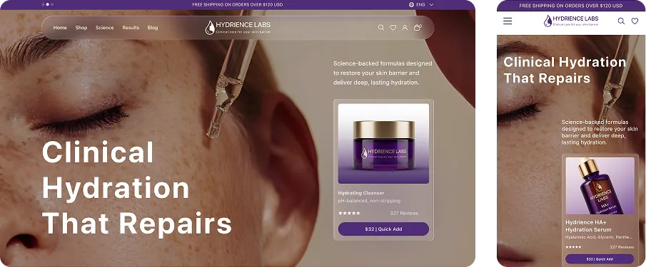 hydrience labs homepage hero shown on desktop and mobile with close up skin photo headline clinical hydration that repairs and product add to cart card