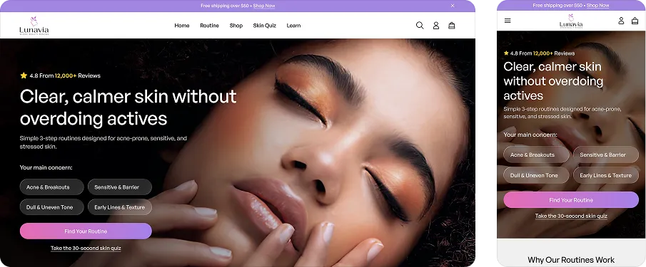 luravia skincare homepage hero shown on desktop and mobile with close up face photo and headline clear calmer skin without overdoing actives