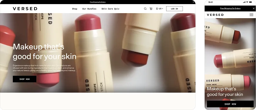 versed homepage hero shown on desktop and mobile with makeup stick products and headline makeup thats good for your skin