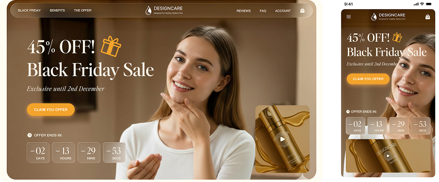 designcare black friday landing hero shown on desktop and mobile with 45 percent off headline countdown timer and claim your offer button