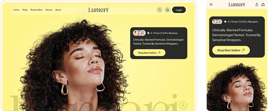 lumeri skincare homepage hero shown on desktop and mobile with a model on yellow background review rating badge and shop best sellers button