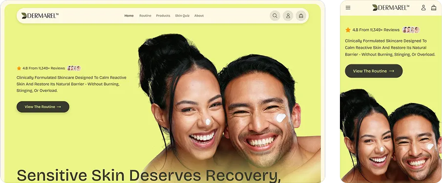 dermarel homepage hero shown on desktop and mobile with two smiling people and a view the routine button